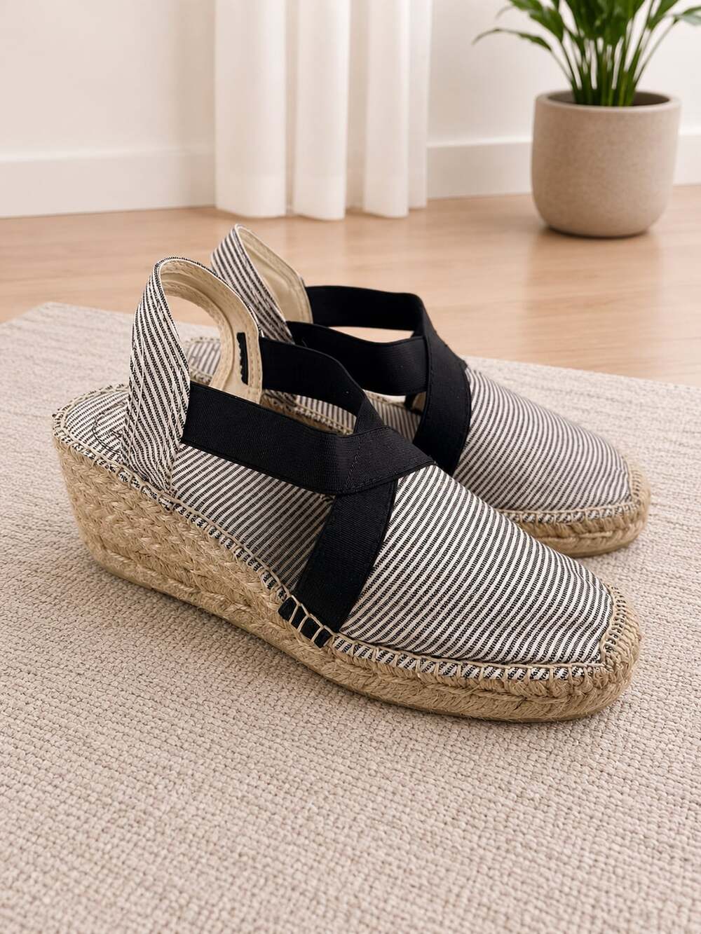 Toni Pons TER Espadrille Wedge Sandals Black White Striped Slingback EU35